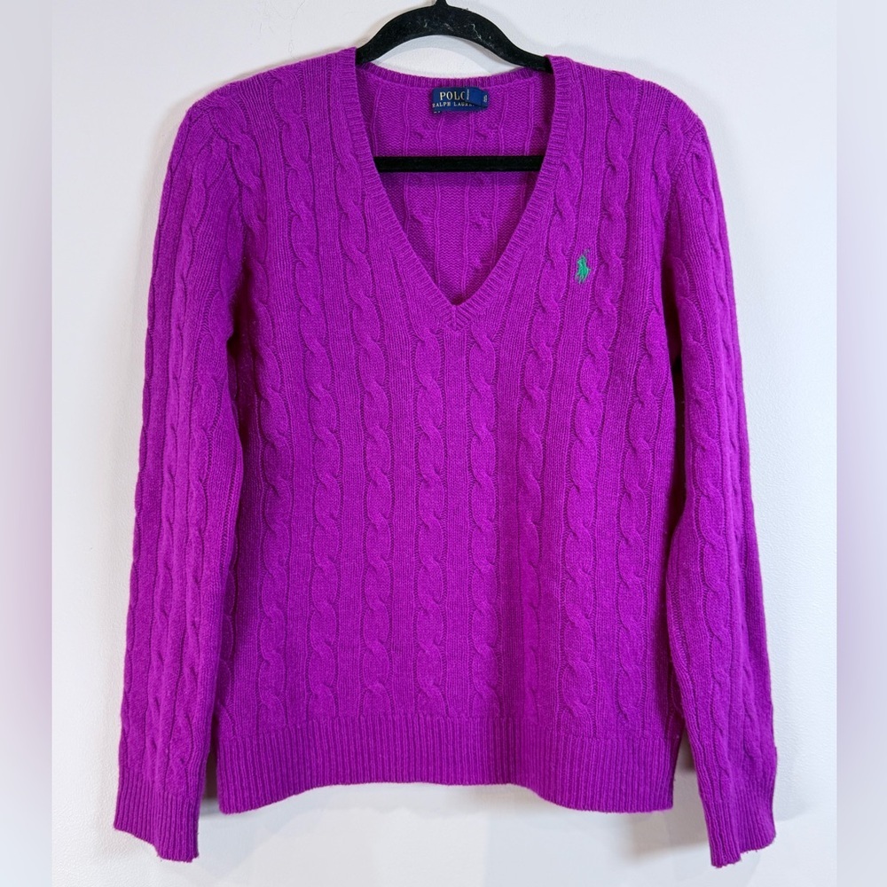 🔥Polo by Ralph Lauren Women’s Cable Knit V-Neck Sweater Magenta Size M EC🔥